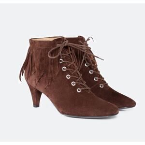 MAJE Fox Fringed Suede Ankle Booties Lace-Up Leather Almond Toe Brown Size 9.5